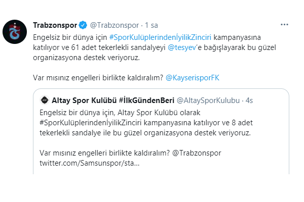Trabzonspor'dan, Spor Kulüplerinden İyilik Zinciri hareketine destek