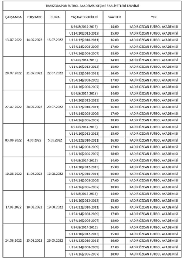 Trabzonspor Futbol Akademisi Seçme Faaliyetleri Takvimi;
