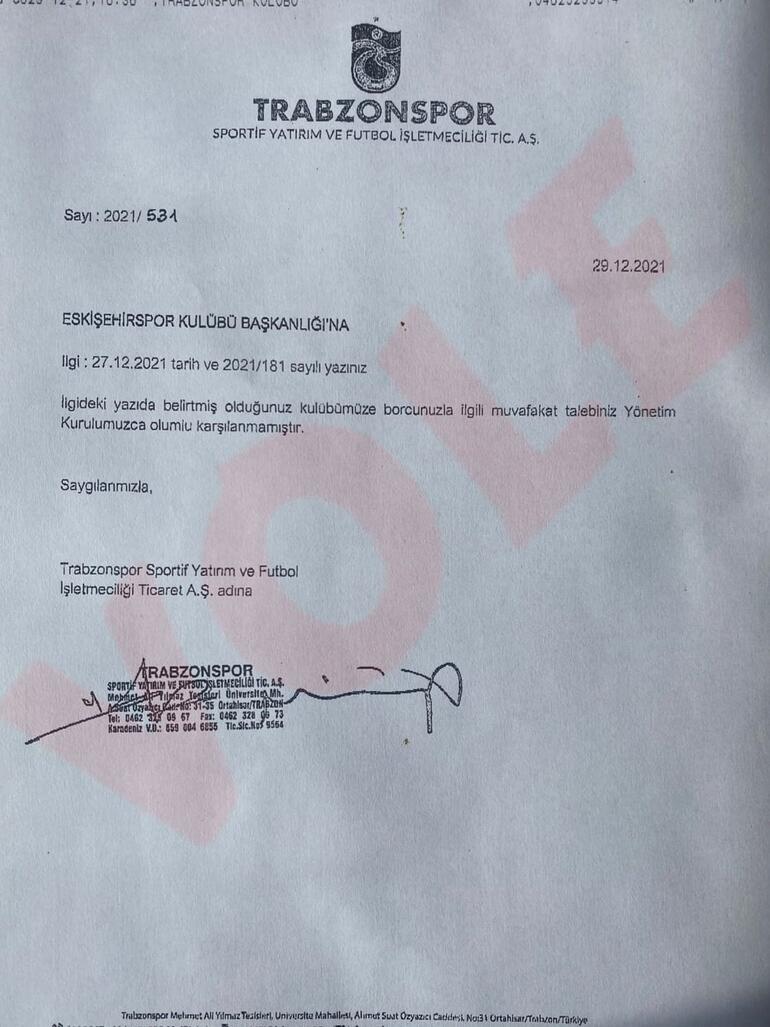 Eskişehirspor'un borçsuzluk imzası talebine Trabzonspor'dan ret!
