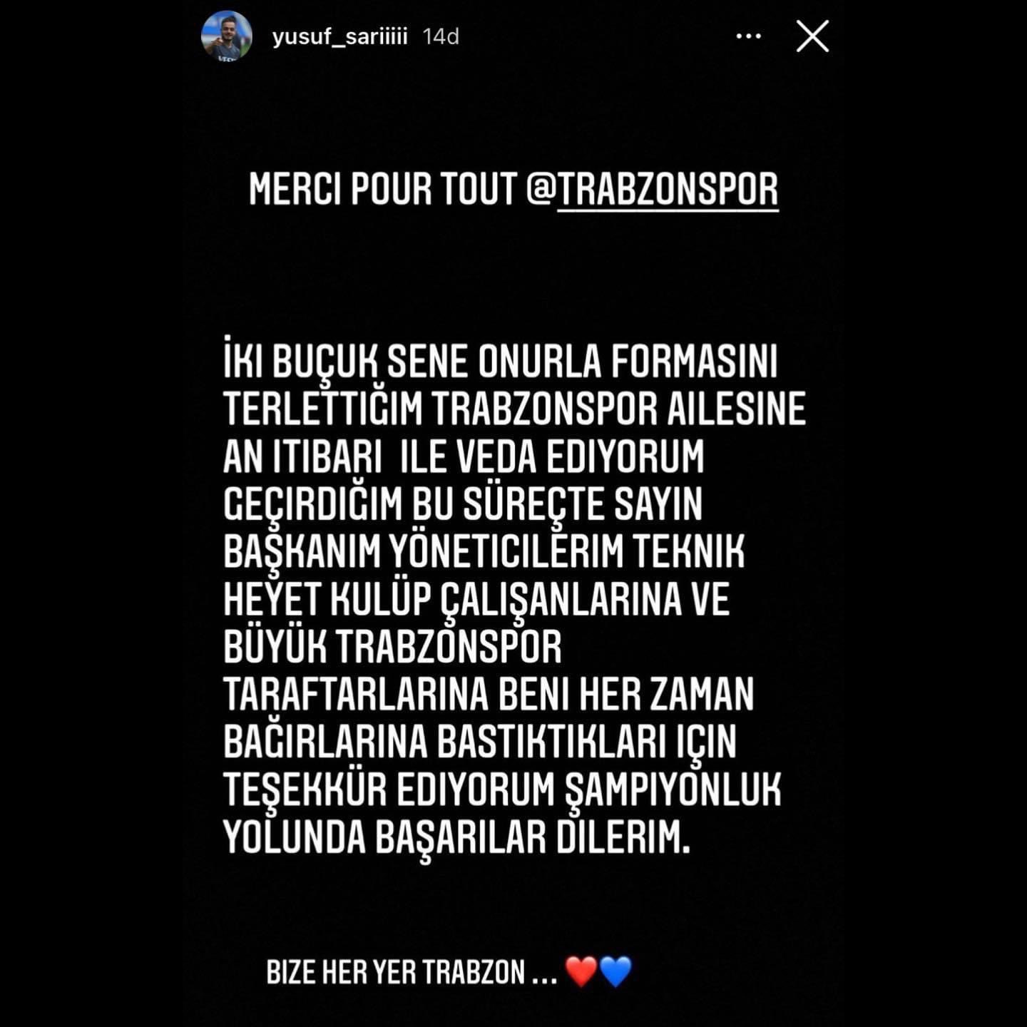 Yusuf Sarı Trabzonspor'a veda etti Bize Her Yer Trabzon notuyla