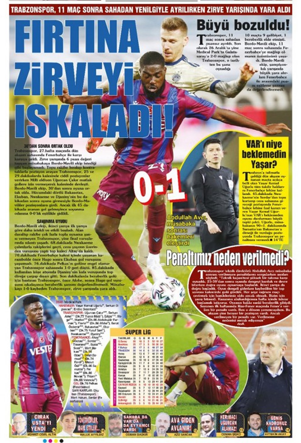  Taka Gazetesi ise “Fırtına zirveyi ıskaladı!”, “Trabzonspor, 11 maç sonra sahadan yenilgiyle ayrılırken zirve yarışında yara aldı” başlıklarını kullandı.