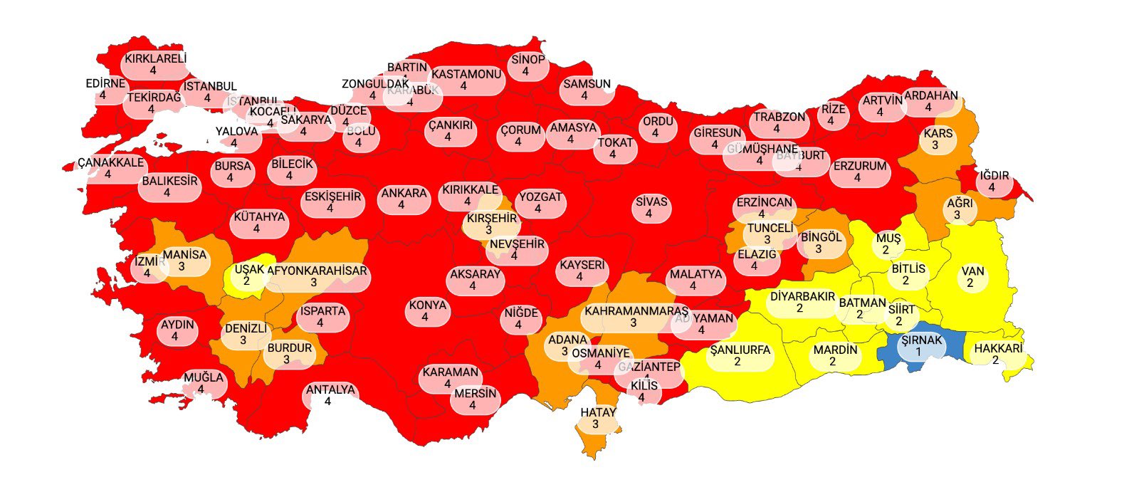 Türkiye'de illere göre risk durumunu gösteren son harita