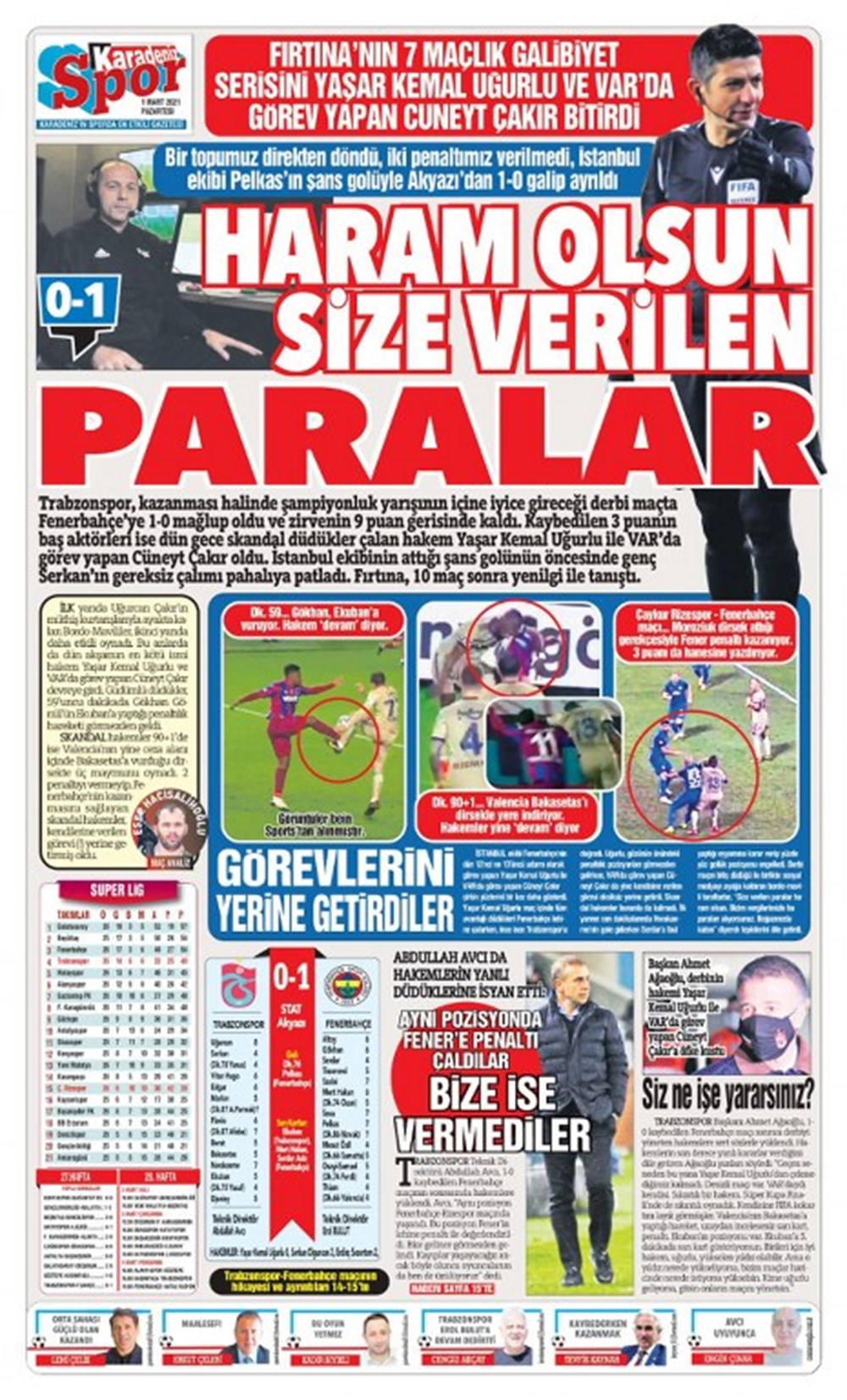 Karadeniz Gazetesi, “Haram olsun size verilen paralar”, “Fırtına’nın 7 maçlık galibiyet serisini Yaşar Kemal Uğurlu ve VAR’da görev yapan Cüneyt Çakır bitirdi”,