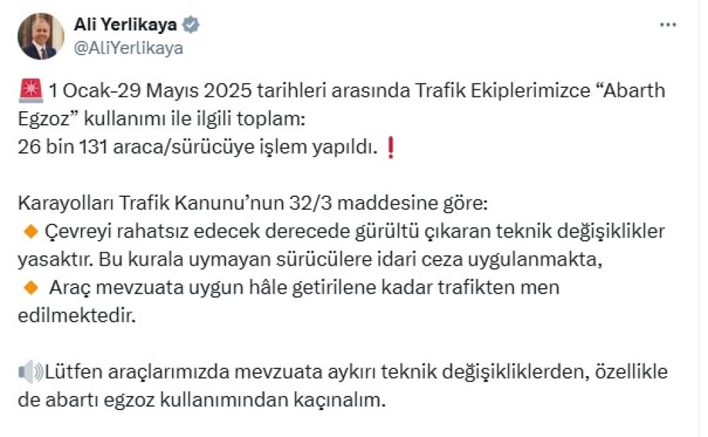 Yılın ilk 5 ayında 'abarth egzoz' kullanan 26 bin kişiye ceza