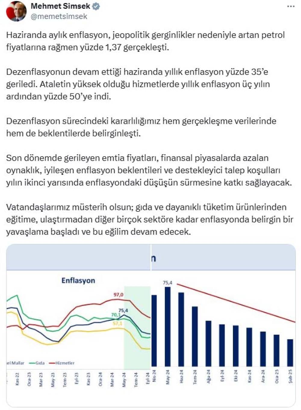Bakan Şimşek: İyileşen enflasyon beklentileri düşüşün sürmesine katkı sağlayacak