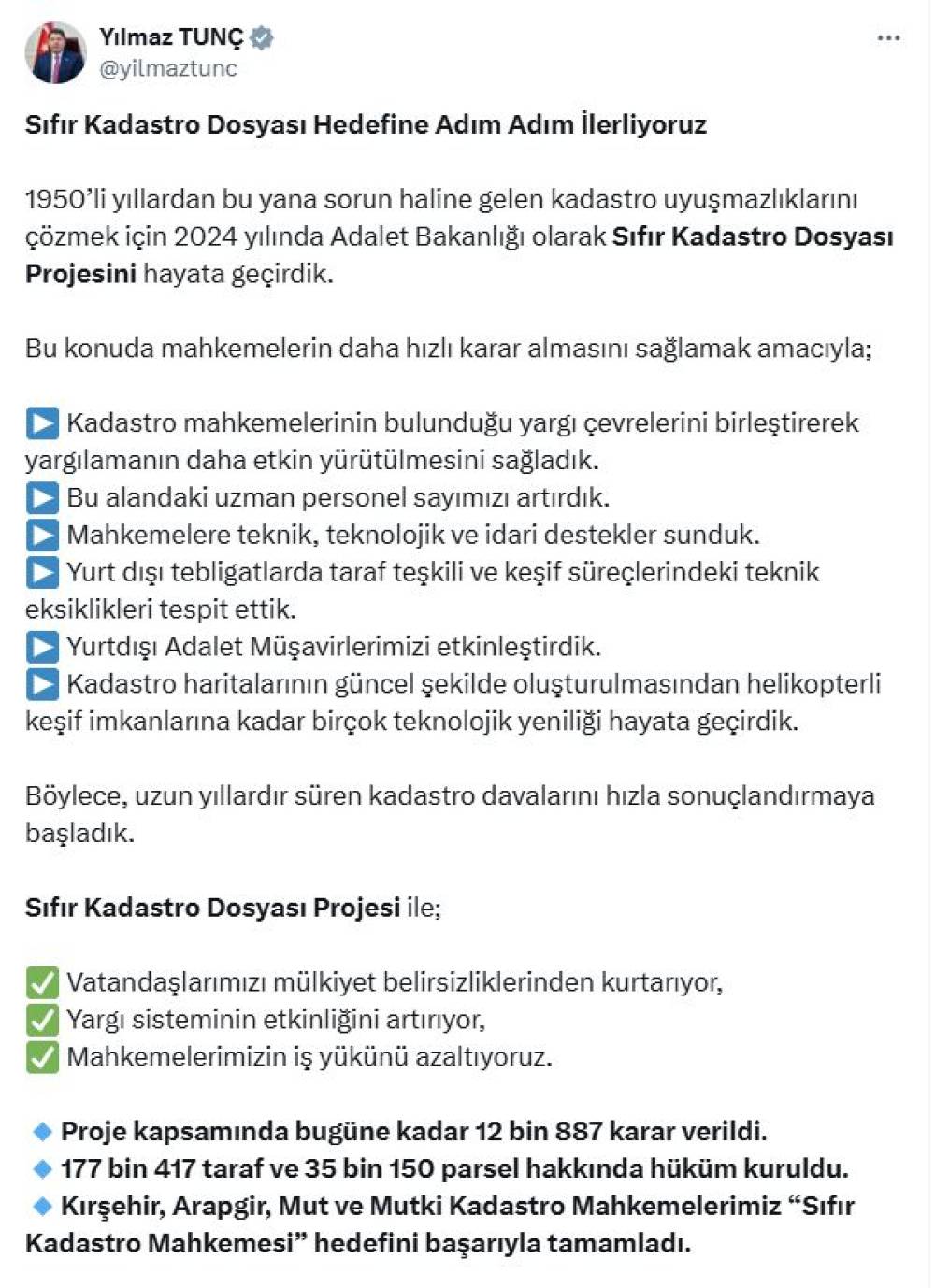 Bakan Tunç: Sıfır Kadastro Dosyası Projesi kapsamında 12 bin 887 karar verildi