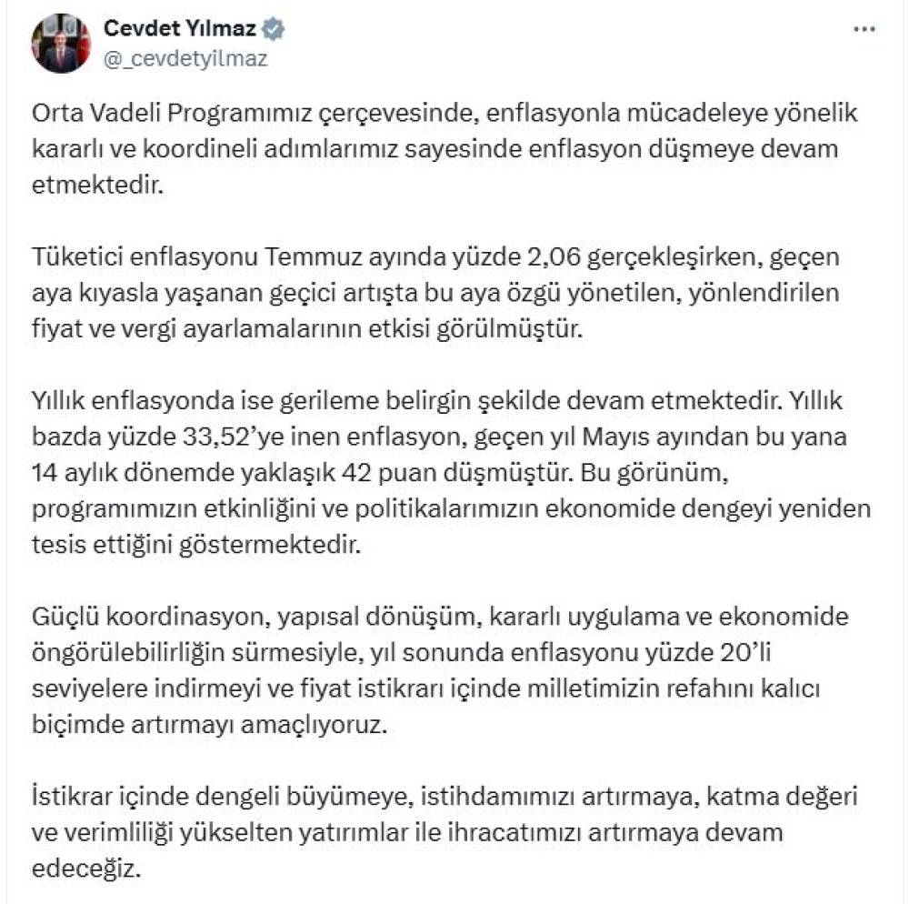 Cevdet Yılmaz: OVP çerçevesinde enflasyon düşmeye devam ediyor