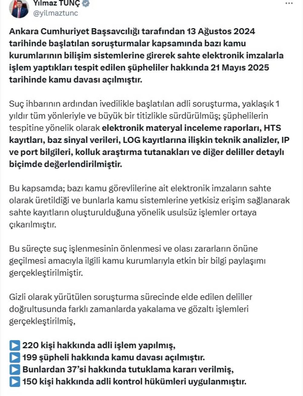 Bakan Tunç'tan 'sahte diploma soruşturması' açıklaması; 220 kişi hakkında adli işlem yapıldı