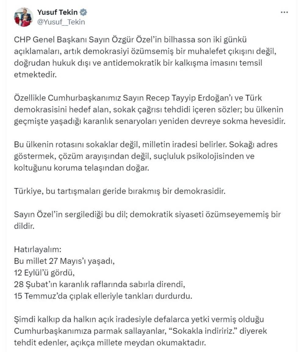 Bakan Tekin: Özel'in açıklamaları, doğrudan hukuk dışı