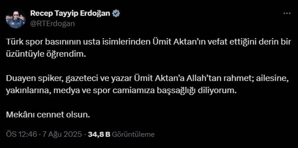 Cumhurbaşkanı Erdoğan'dan, Ümit Aktan için taziye mesajı 