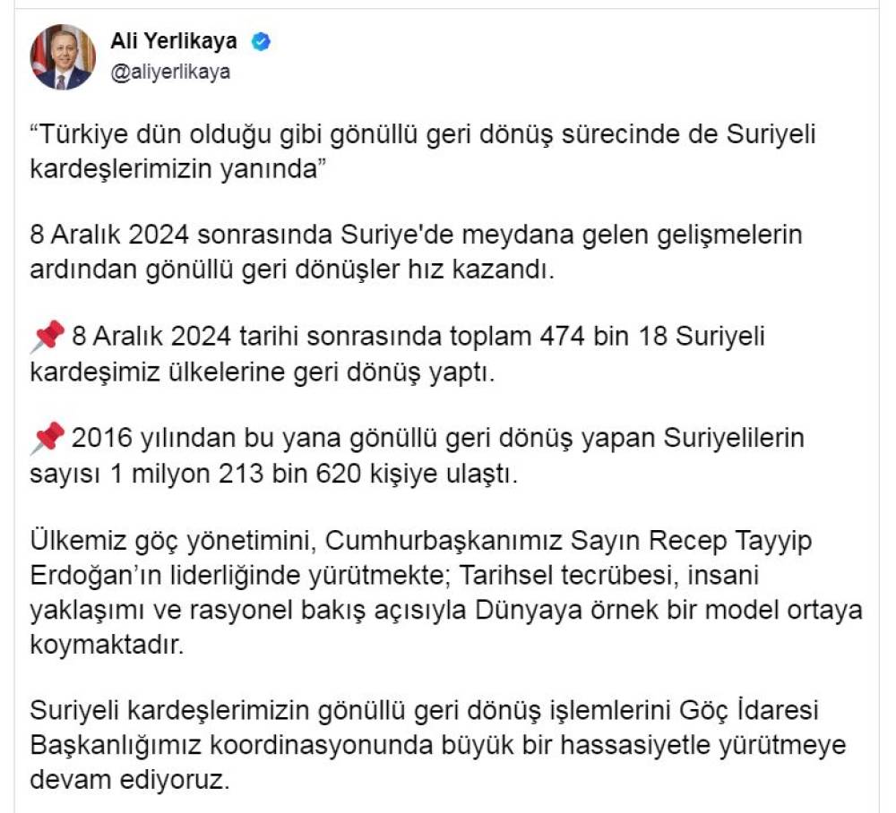 Bakan Yerlikaya: 474 bin 18 Suriyeli kardeşimiz ülkelerine geri dönüş yaptı