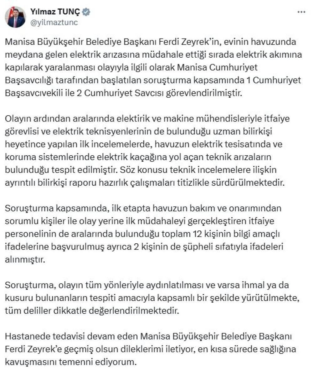 Bakan Tunç: Ferdi Zeyrek'in elektrik akımına kapıldığı olayda teknik arızalar tespit edildi