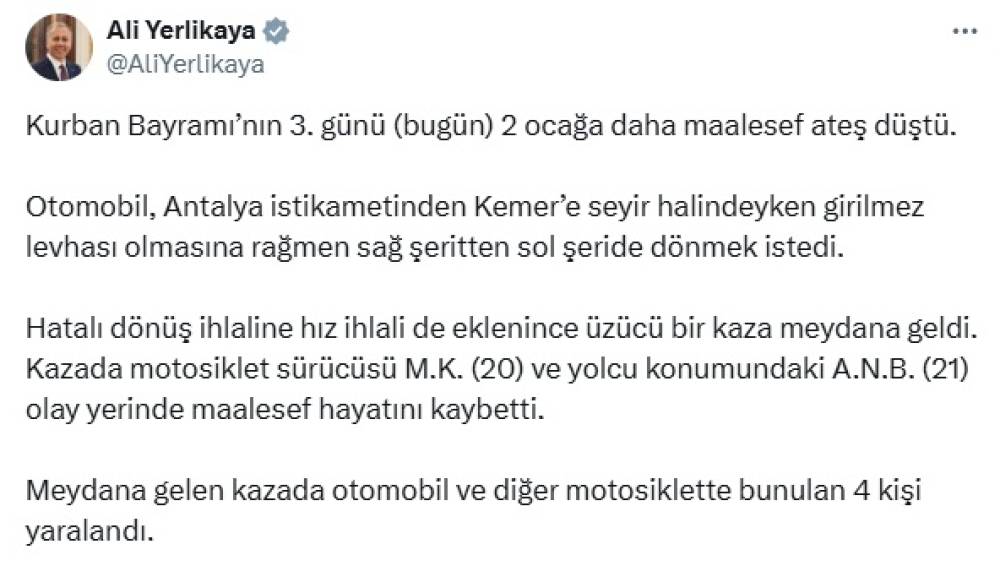 Bakan Yerlikaya: Kurban Bayramı’nın 3'üncü gününde 2 ocağa daha ateş düştü