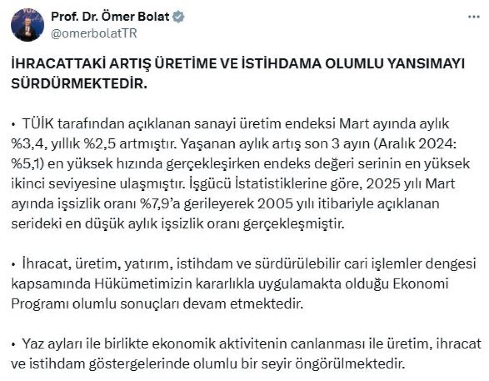 Bakan Bolat: İhracattaki artış üretime ve istihdama olumlu yansımayı sürdürmektedir