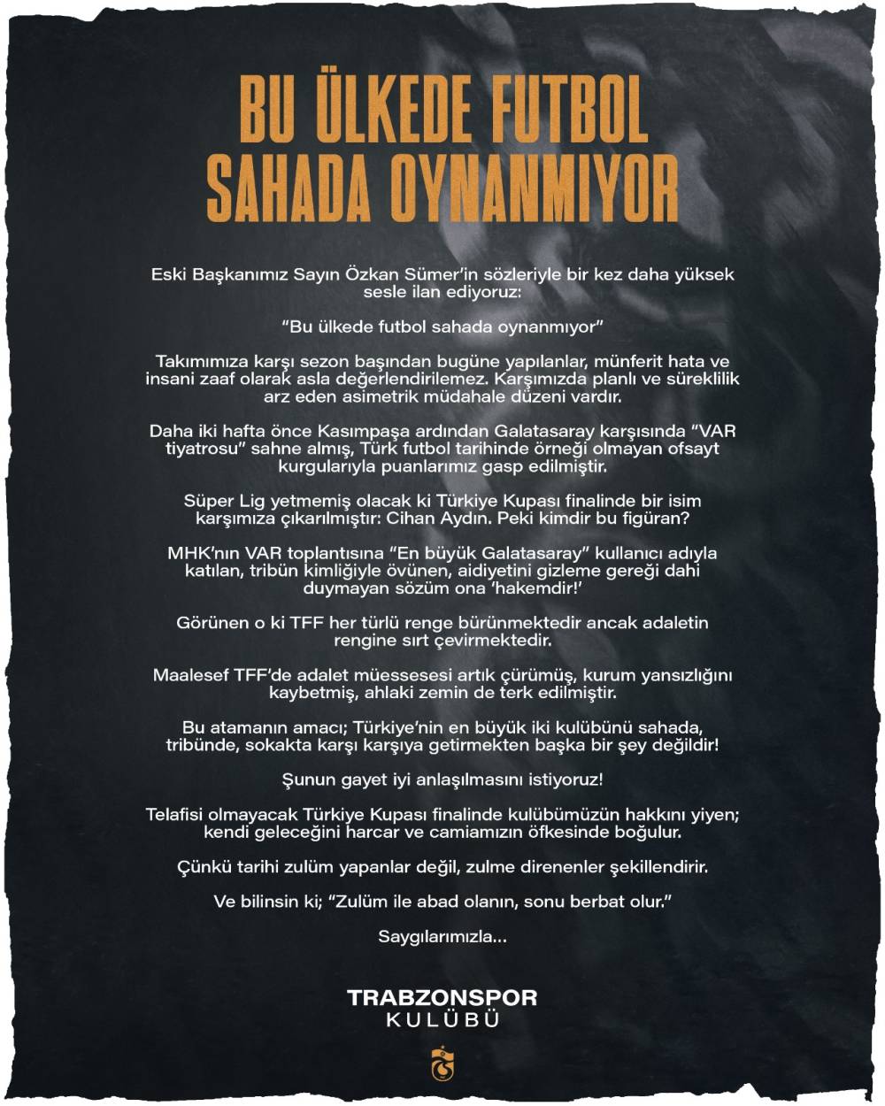 Trabzonspor’dan Türkiye Kupası final maçının hakem atamasına tepki