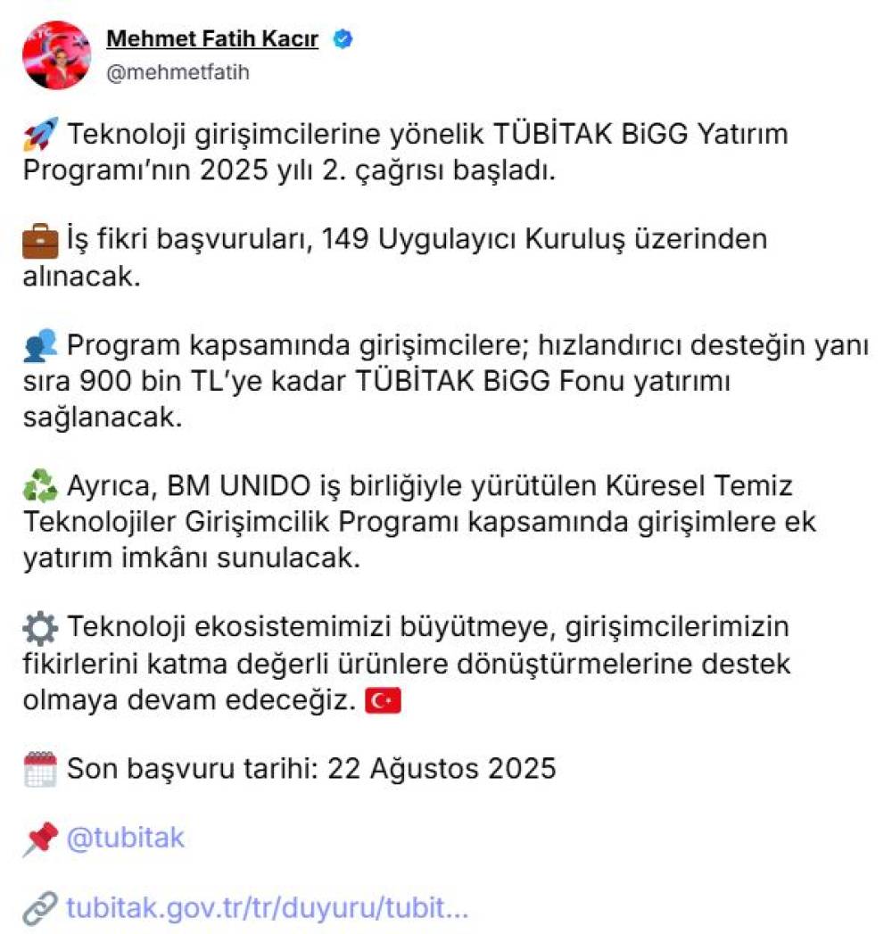 TÜBİTAK BiGG yatırım programı için 2'nci çağrı