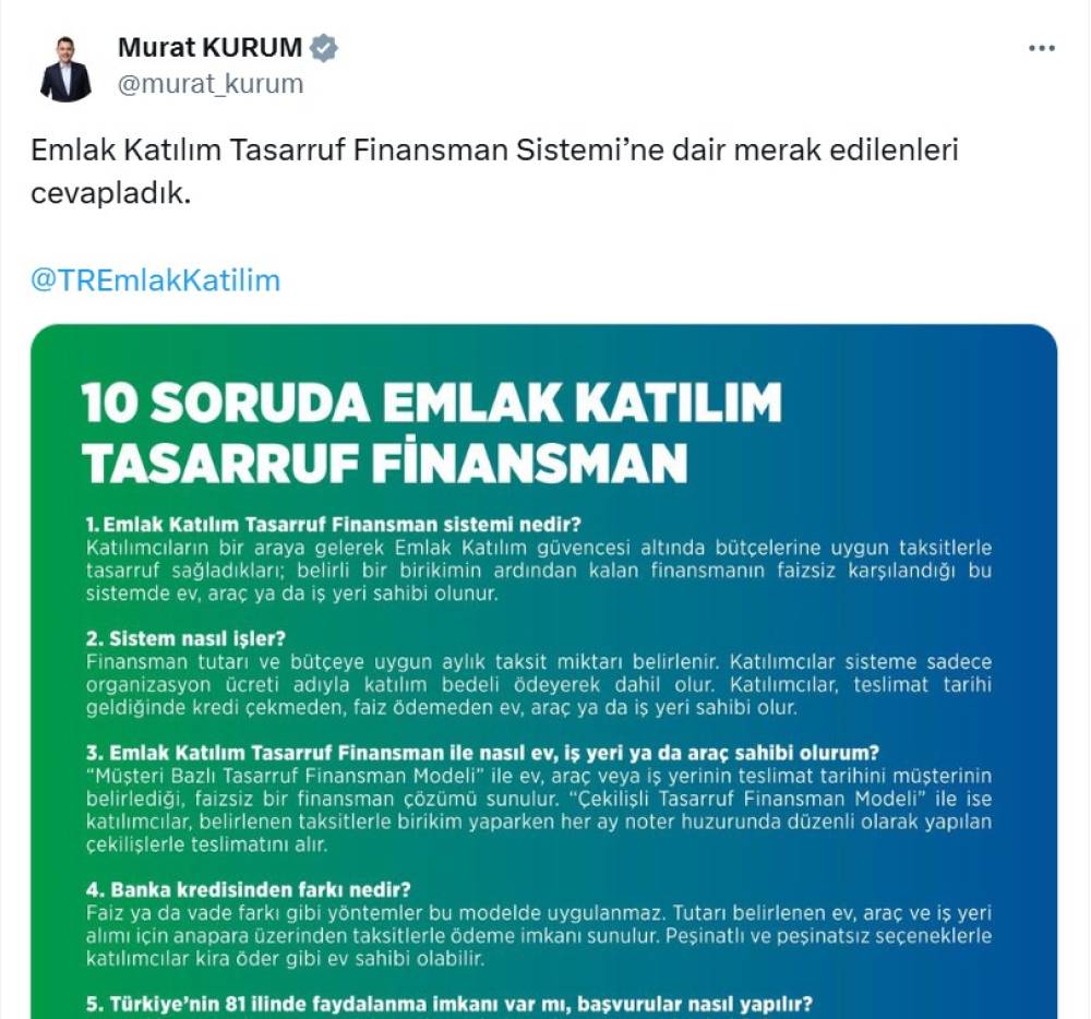 Bakan Kurum paylaştı; 10 soruda Emlak Katılım Tasarruf Finansman 