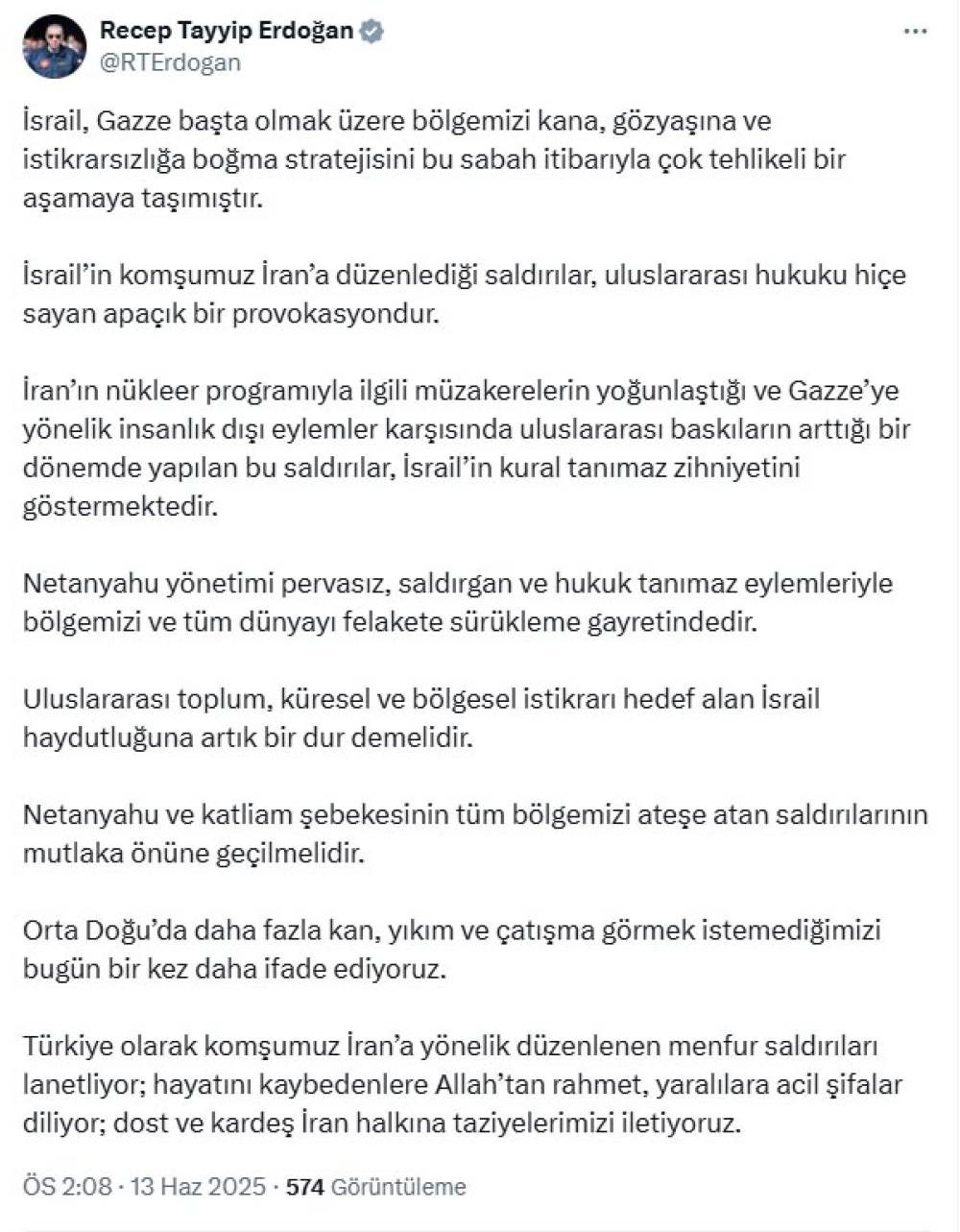 Cumhurbaşkanı Erdoğan: İsrail'in İran'a düzenlediği saldırılar provokasyondur