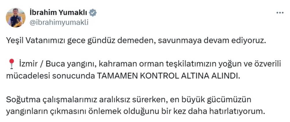 Bakan Yumaklı: İzmir Buca yangını tamamen kontrol altına alındı
