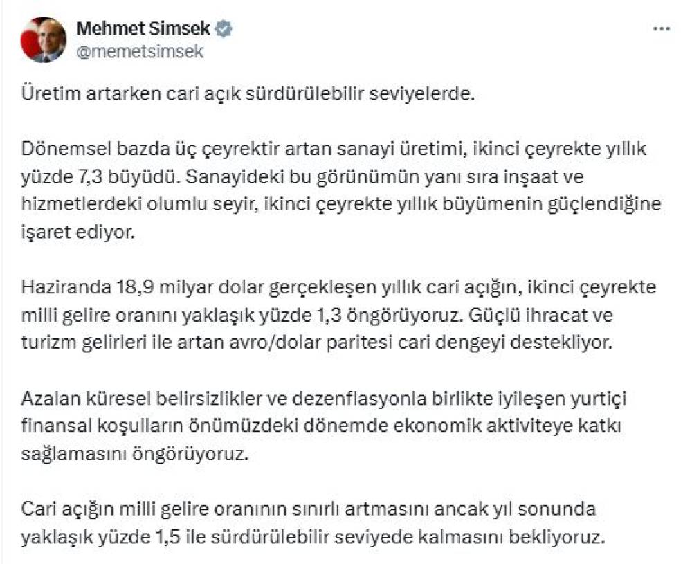 Bakan Şimşek: Cari açığın sürdürülebilir seviyede kalmasını bekliyoruz