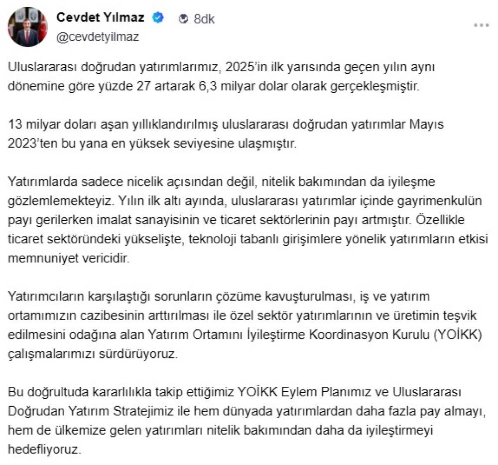 Cevdet Yılmaz: Uluslararası doğrudan yatırımlarımız yüzde 27 arttı