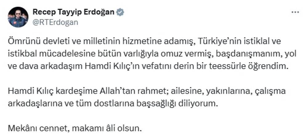 Cumhurbaşkanı Erdoğan'dan Başdanışmanı Kılıç için taziye mesajı