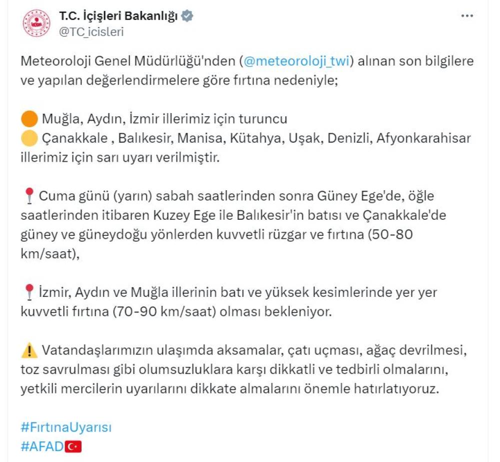 3 ilde 'turuncu', 7 ilde 'sarı' kodlu fırtına uyarısı