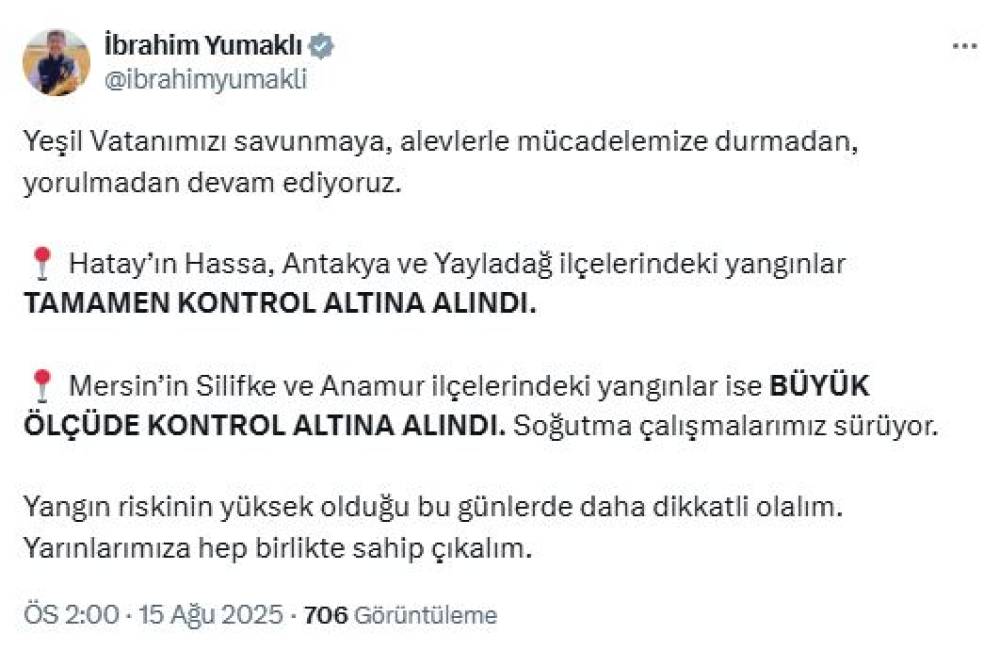 Bakan Yumaklı: Hatay ve Mersin'deki yangınlar kontrol altında