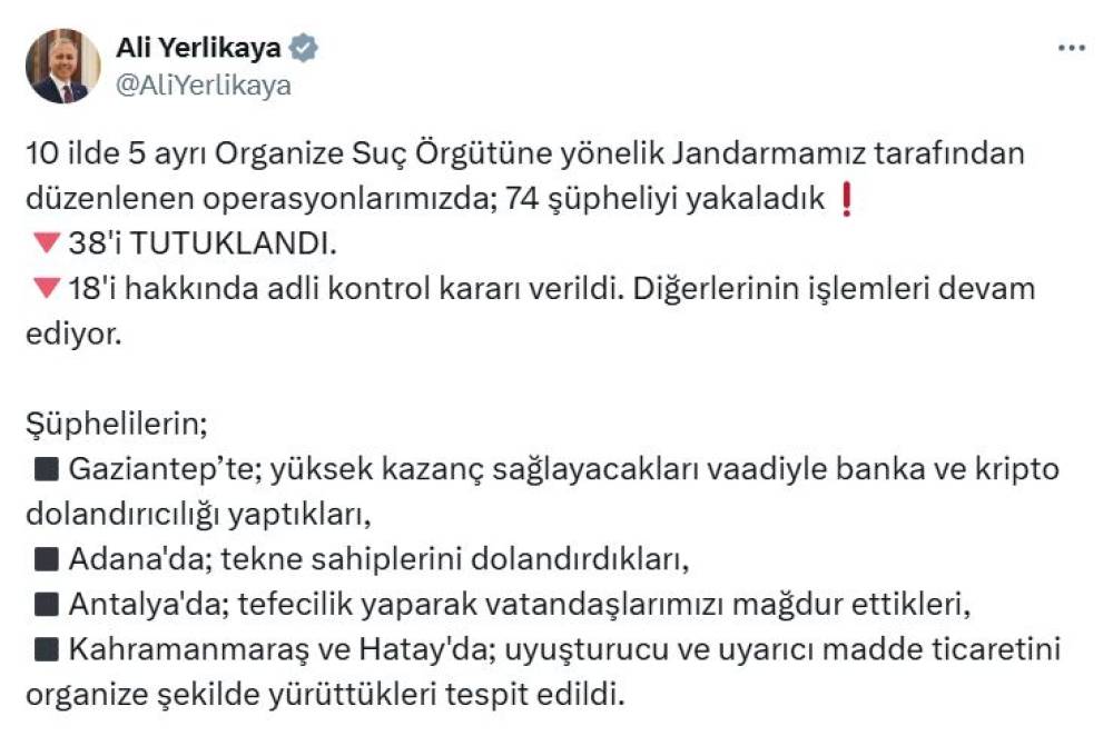 Bakan Yerlikaya: 10 ilde organize suç örgütlerine yönelik operasyonlarda 38 şüpheli tutuklandı