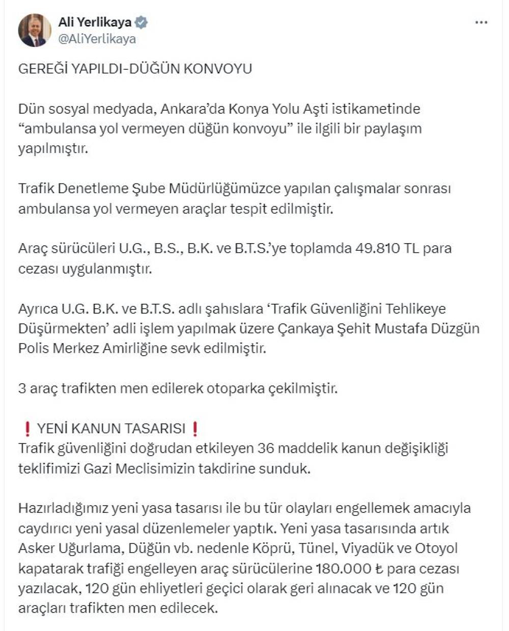 Bakan Yerlikaya: Yeni yasa tasarısında trafiği engelleyen sürücülere 180 bin TL ceza yazılacak