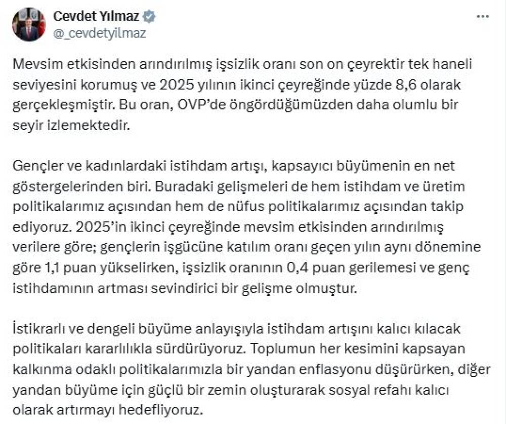 Cevdet Yılmaz: İşsizlik oranı 10 çeyrektir tek haneli seviyede