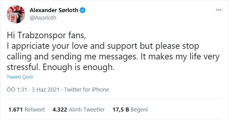 Alexander Sörloth, come to Trabzonspor çağrısına cevap yeter artık strese giriyorum