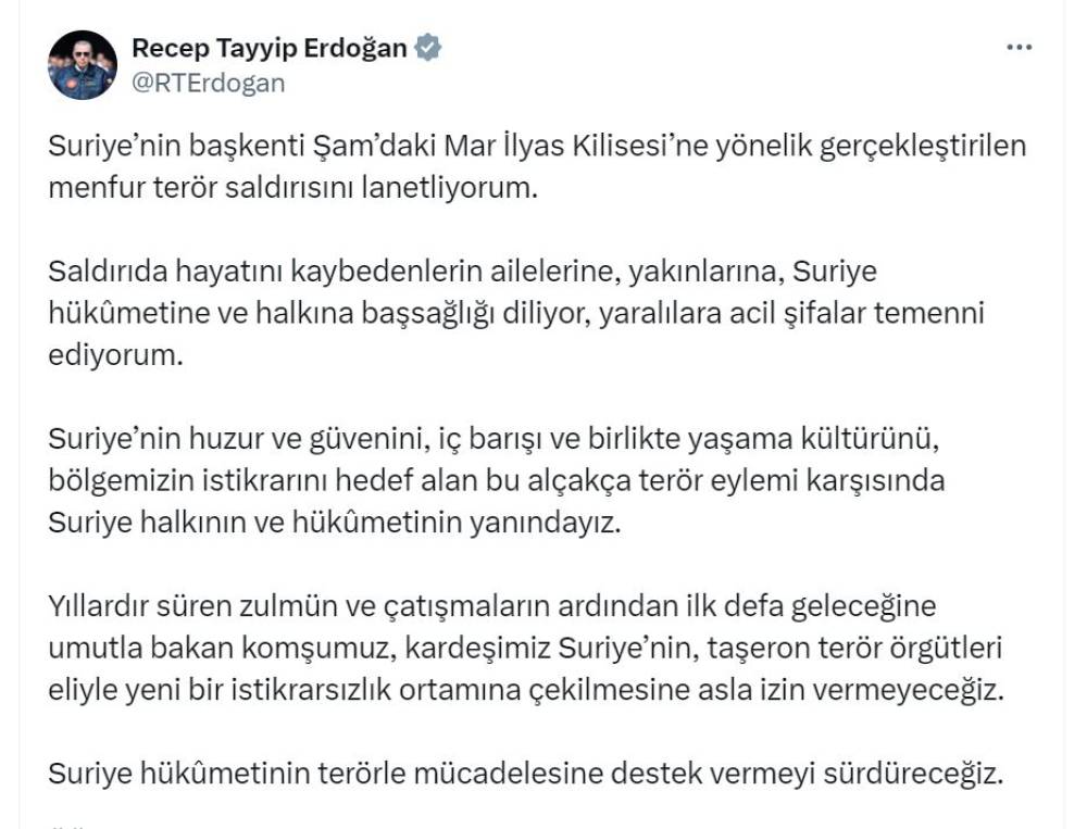 Cumhurbaşkanı Erdoğan'dan Suriye'deki kilise saldırısına tepki