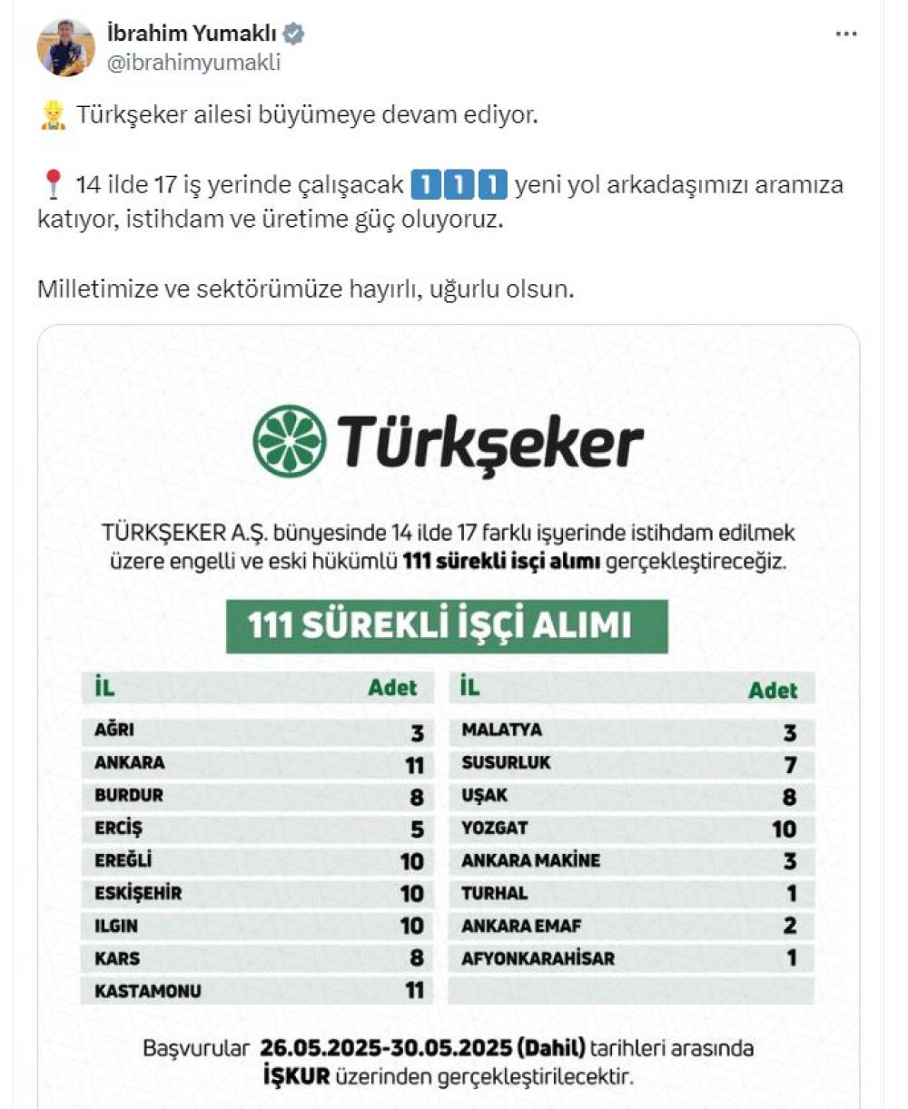 Bakan Yumaklı: Türkşeker, engelli ve eski hükümlü 111 işçi alacak