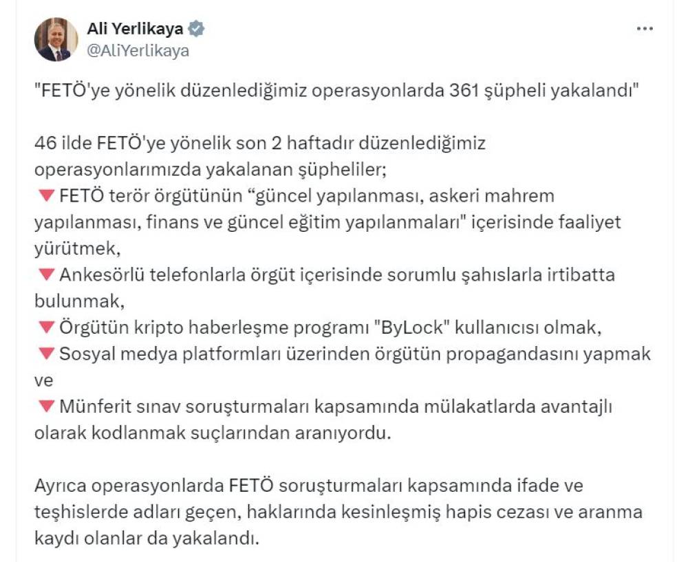 Son 2 haftada FETÖ'ye yönelik operasyonlarda 361 şüpheli yakalandı