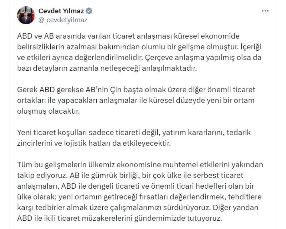 Cevdet Yılmaz: ABD ve AB arasında varılan ticaret anlaşması olumlu