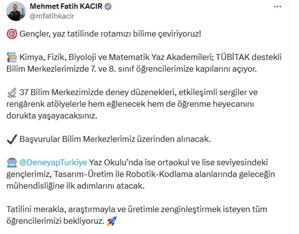 Bakan Kacır: TÜBİTAK destekli bilim merkezlerimiz 7 ve 8'inci sınıf öğrencilerimize kapılarını açıyor