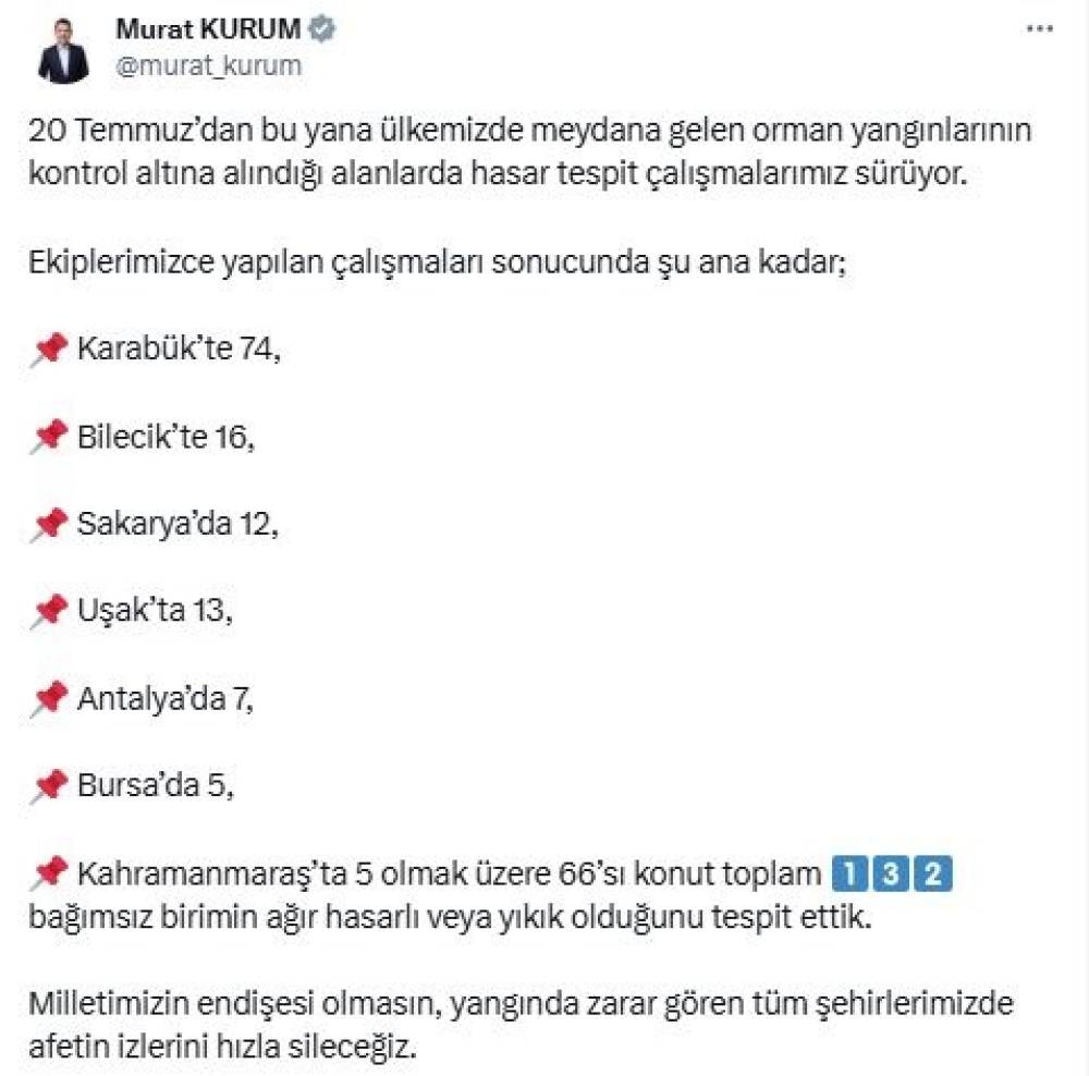 Bakan Kurum: 7 ildeki orman yangınında 132 bağımsız birim hasar aldı