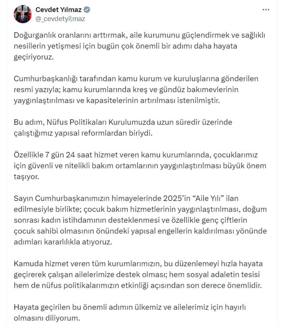 Cevdet Yılmaz: Kamu kurumlarında kreş ve gündüz bakımevlerinin yaygınlaştırılması istenildi