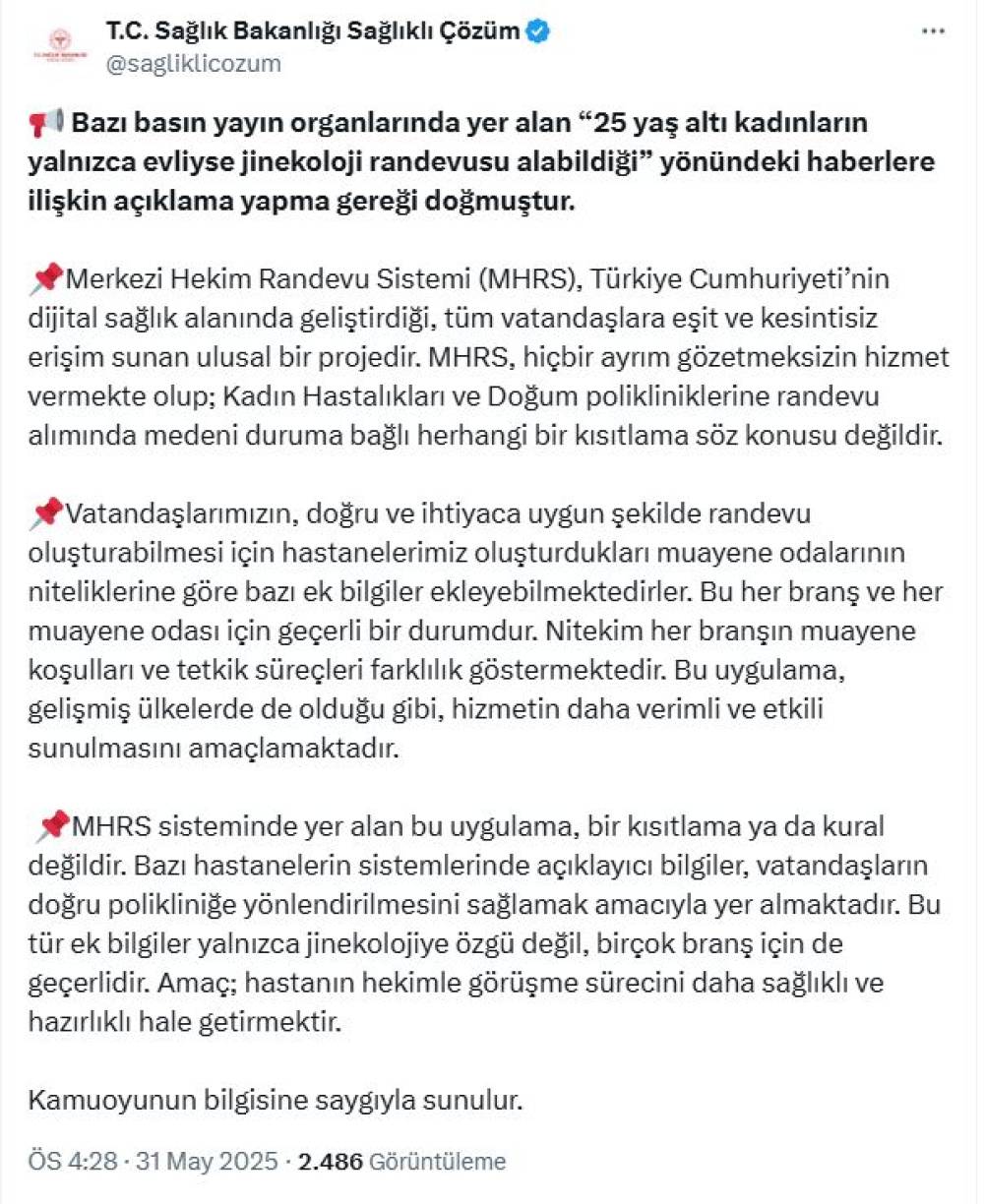 Sağlık Bakanlığı: MHRS, medeni duruma göre kısıtlama içermiyor