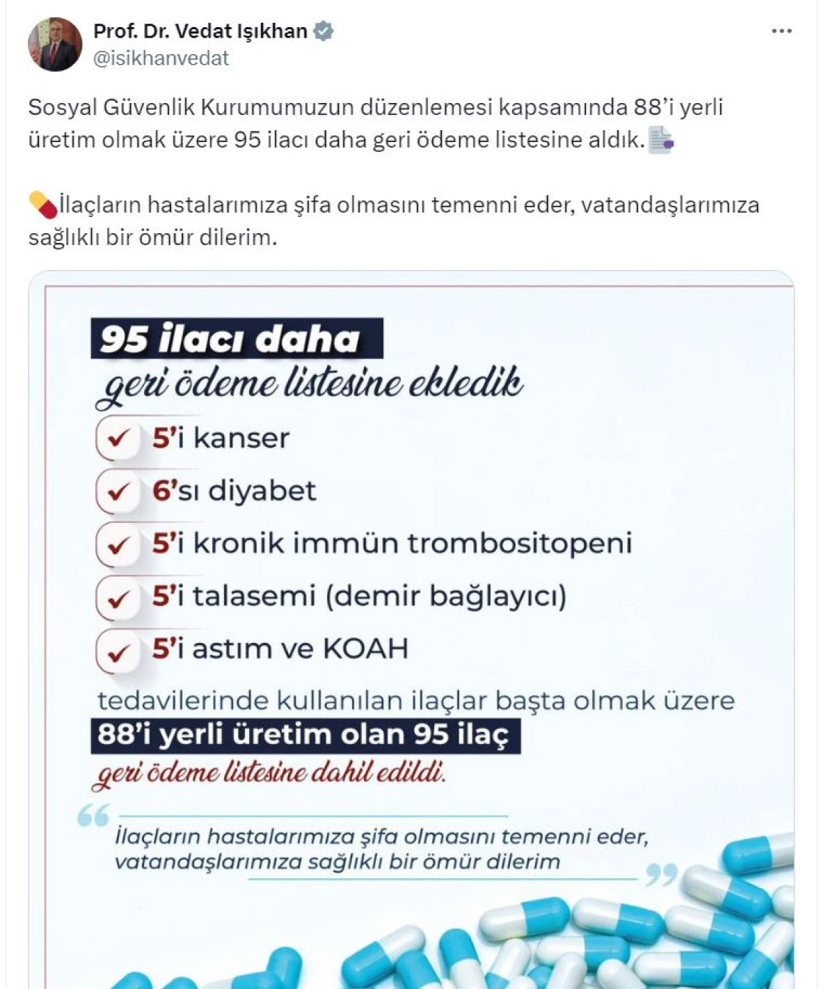 Bakan Işıkhan: 95 ilacı geri ödeme listesine aldık
