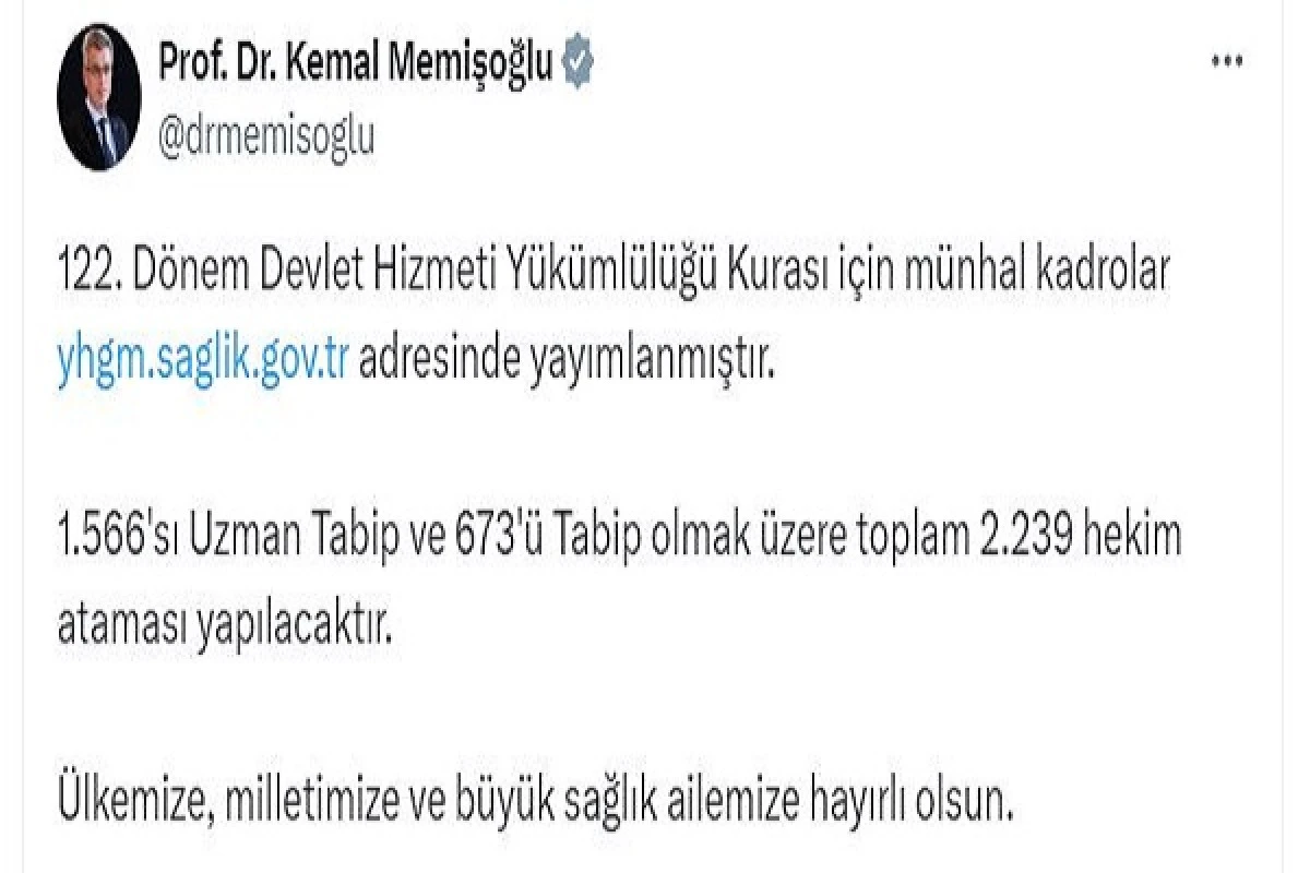 Bakan Memişoğlu: 2 bin 239 hekim ataması yapılacak