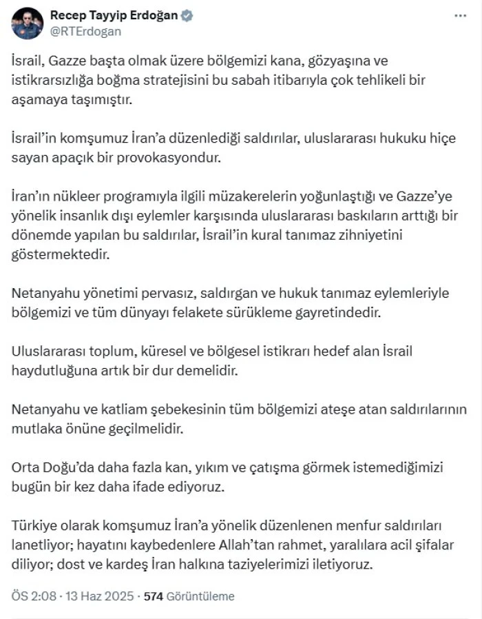 Cumhurbaşkanı Erdoğan: İsrail'in İran'a düzenlediği saldırılar provokasyondur