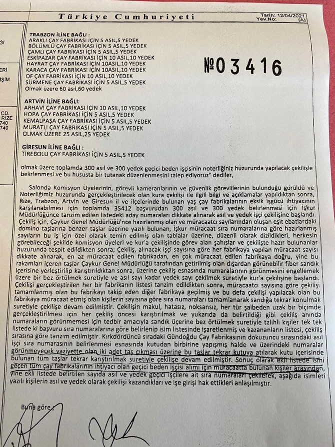 ÇAYKUR’daki kura çekimindeki hile iddialarına Türkiye Noterler Birliği’nden açıklama