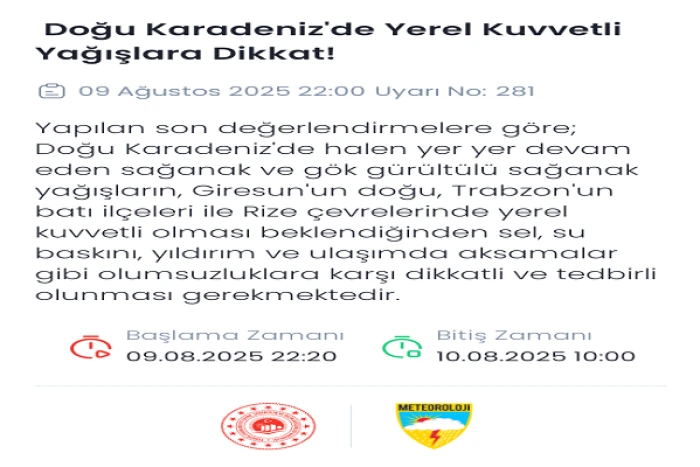 Doğu Karadeniz’de Yerel Kuvvetli Yağış Uyarısı!
