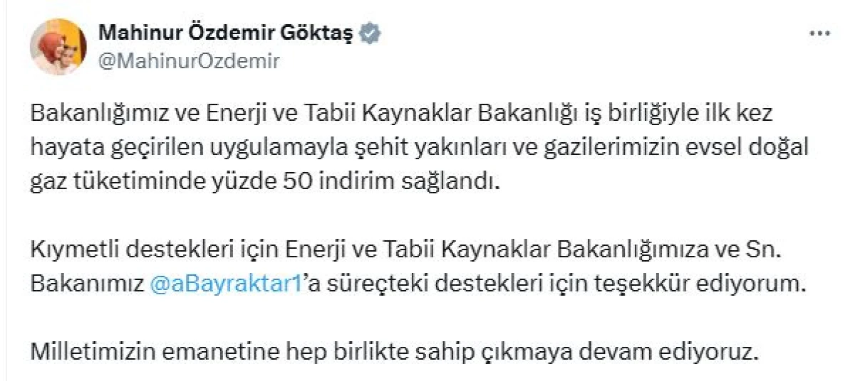 Şehit yakınları ve gazilere doğal gazda indirim